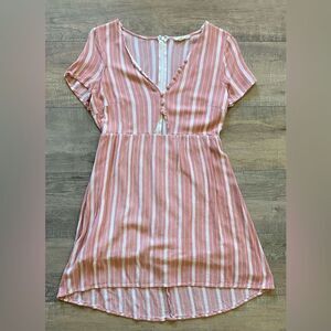 Le Lis womens size large peach/white striped short sleeve mini dress button neck